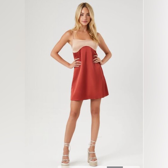 Brick And Faded Pink Satin Color Block Mini Dress Forever 21 Size S - Picture 3 of 8